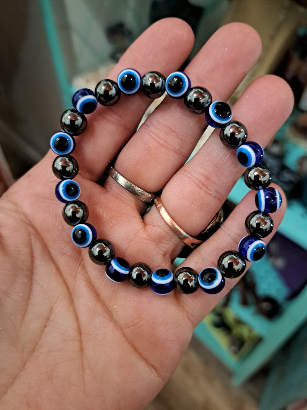 Blue Evil Eye Beaded Stretch Bracelet – Hematite-Style Metallic Beads